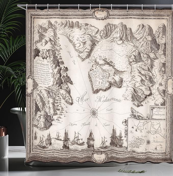 Ambesonne Map Print Shower Curtain, Old Map Warships Countries Kingdoms Locations Geographical Art Retro Design, Cloth Fabric Bathroom Decor Set with Hooks, 69" W x 75" L, Beige and Brown