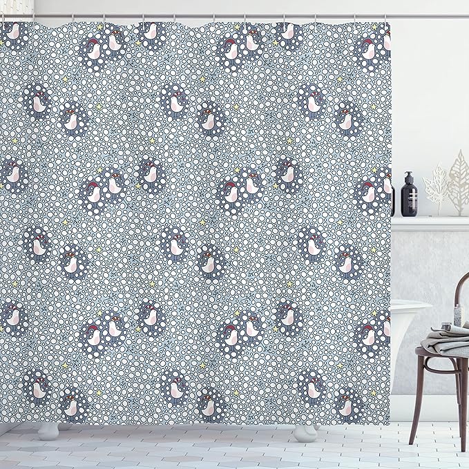 Ambesonne Winter Shower Curtain, Doodle Style Pattern with Bullfinch Birds with Xmas Hats and Snow, Cloth Fabric Bathroom Decor Set with Hooks, 69" W x 70" L, Bluegrey White