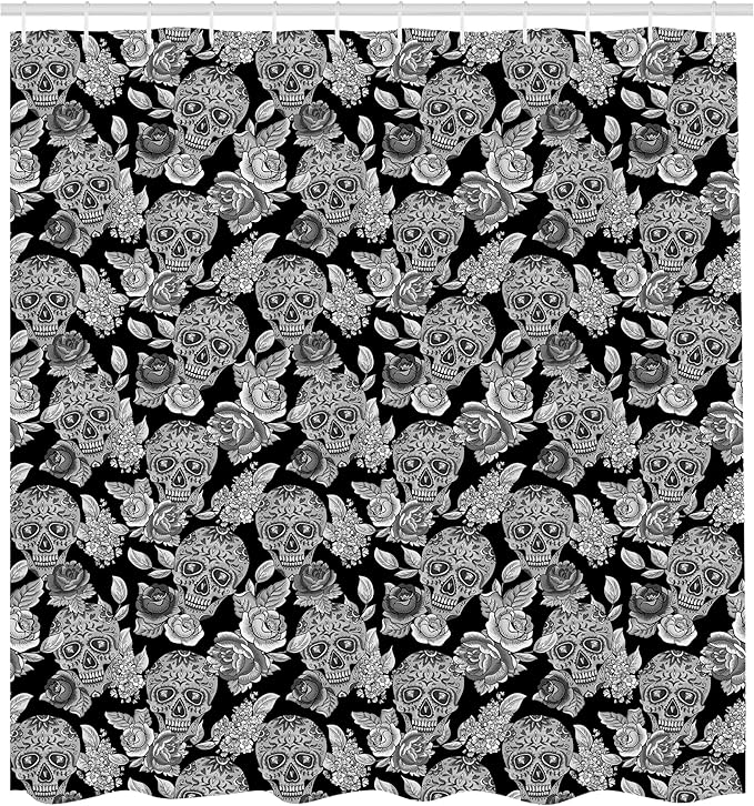 Ambesonne Masquerade Shower Curtain, Gothic Folk Art Collection Skulls with Flowers Monochrome Muertos Tombstone, Cloth Fabric Bathroom Decor Set with Hooks, 69" W x 70" L, White and Black