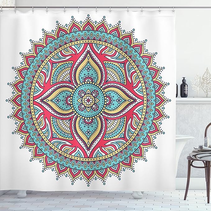 Ambesonne Mandala Shower Curtain, Round Pattern with Bohemian Floral Nature Theme Style Illustration, Cloth Fabric Bathroom Decor Set with Hooks, 69" W x 70" L, Pink Navy