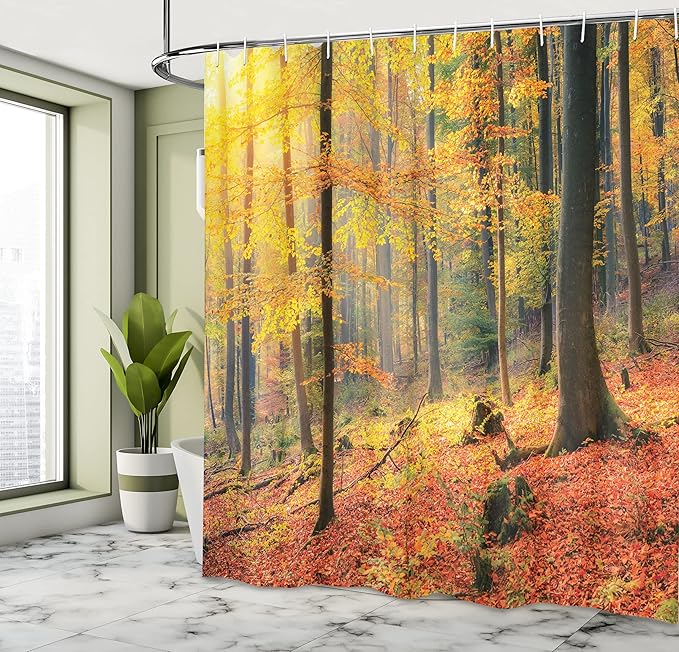 Ambesonne Forest Shower Curtain, Colorful Autumn Forest Sun Golden Yellow Trees Seasonal Scenics Picture, Cloth Fabric Bathroom Decor Set with Hooks, 69" W x 75" L, Orange Yellow
