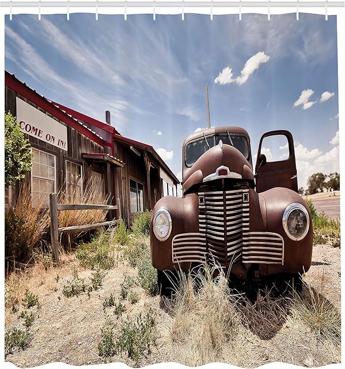Ambesonne Americana Shower Curtain, Abandoned Restaraunt on Route 66 Come on in Sign Desert Road Rusty Old Car, Cloth Fabric Bathroom Decor Set with Hooks, 69" W x 84" L, Brown Blue