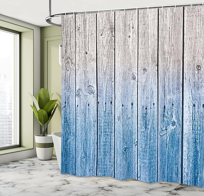 Ambesonne Rustic Shower Curtain, Wood Panels Background Digital Tones Effect Country House Art Image, Cloth Fabric Bathroom Decor Set with Hooks, 69" W x 75" L, Azure Blue