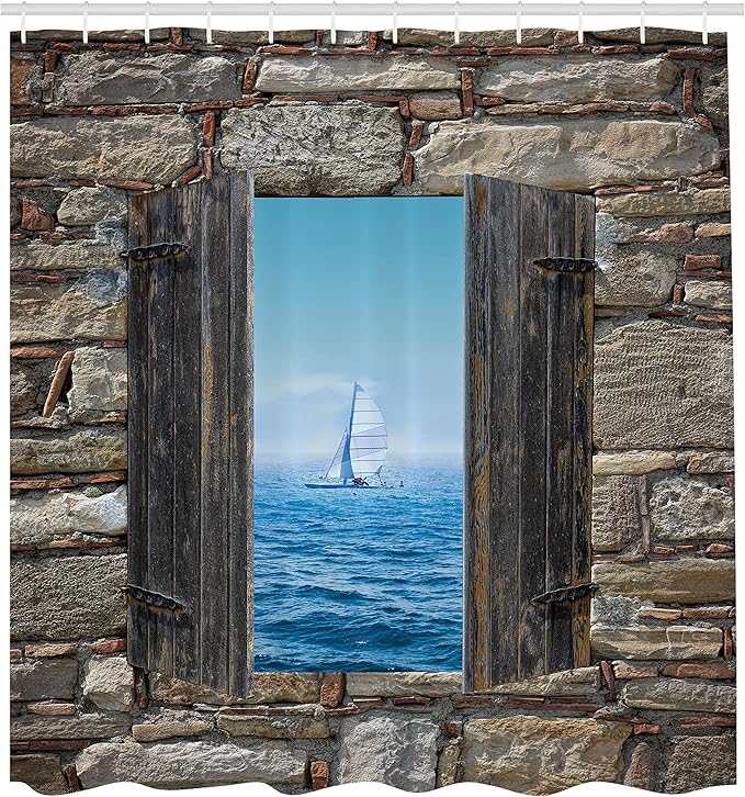 Ambesonne Nautical Shower Curtain, Image of a Sailing Boat from Stone Window Narrow Perspective Idyllic Mediterranean, Cloth Fabric Bathroom Decor Set with Hooks, 69" W x 70" L, Grey Blue