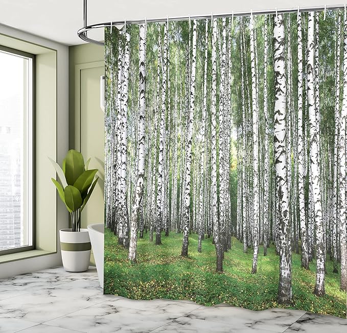 Ambesonne Landscape Shower Curtain, Autumn Trees in Birch Forest September Time View Landscape Picture, Cloth Fabric Bathroom Decor Set with Hooks, 69" W x 70" L, White and Black