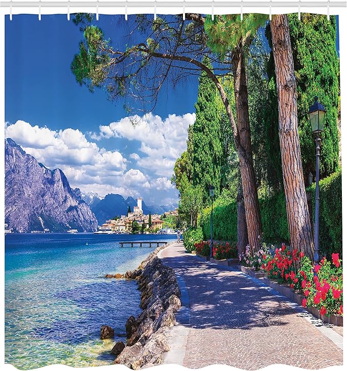 Ambesonne Landscape Shower Curtain, Scenic Lago di Garda Malcesine Italy Stone Bicycle Road with Flowers Lake, Cloth Fabric Bathroom Decor Set with Hooks, 69" W x 84" L, Green and Blue