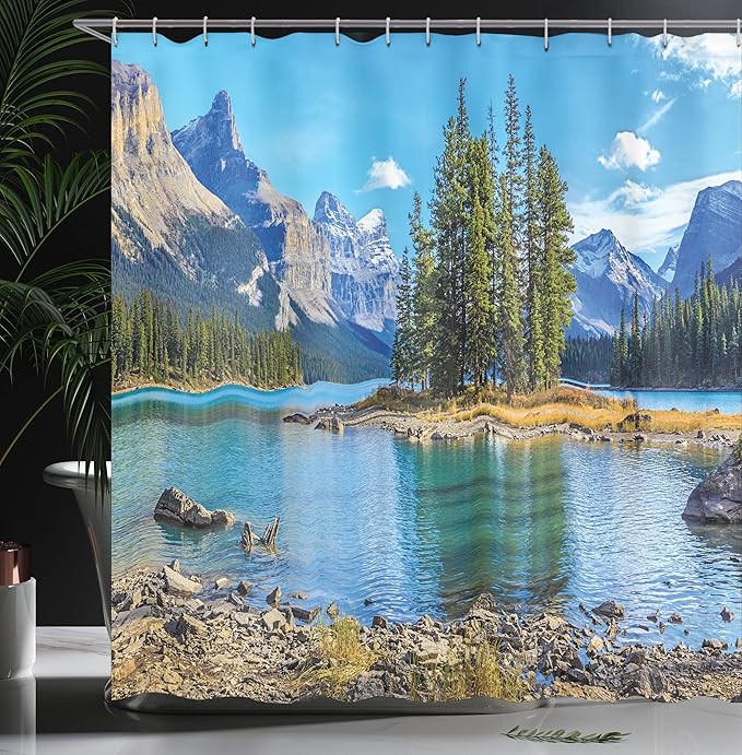 Ambesonne Mountain Shower Curtain, Outdoorsy Scenery of The Spirit Island and Maligne Lake Canada in Summer Nature Scene Print, Cloth Fabric Bathroom Decor Set with Hooks, 69" W x 84" L, Blue Green