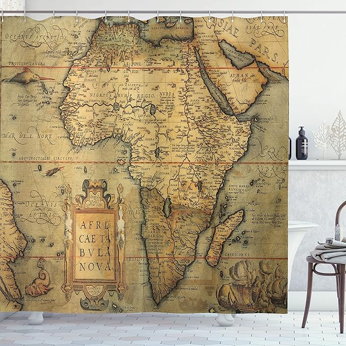 Ambesonne Map Print Shower Curtain, 16th Century Map of Africa Engraved by Cartographer Abraham Ortelius, Cloth Fabric Bathroom Decor Set with Hooks, 69" W x 70" L, Army Green Pale Brown