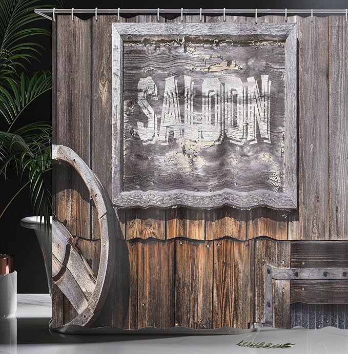 Ambesonne Western Shower Curtain, Aged Wooden Sign Word Saloon, Planks on The Background, Classic Style Art, Cloth Fabric Bathroom Decor Set with Hooks, 69" W x 70" L, Grey Brown