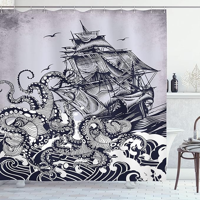Ambesonne Nautical Shower Curtain, Coastal Nature Theme Kraken Octopus Tentacles with Ship Sail Old Boat Art Drawing in Ocean Waves, Cloth Fabric Decor for Bathroom Set with Hooks, 69" W x 70" L, Blue