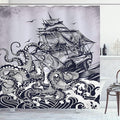 Ambesonne Vintage Art Nautical Shower Curtain Set for Ocean Theme Bathroom Kraken Octopus Tentacles with Ship Sail Boat in Ocean Waves 100% Polyester Cloth Fabric Set with 12 Hooks 69" W x 84" L, Blue