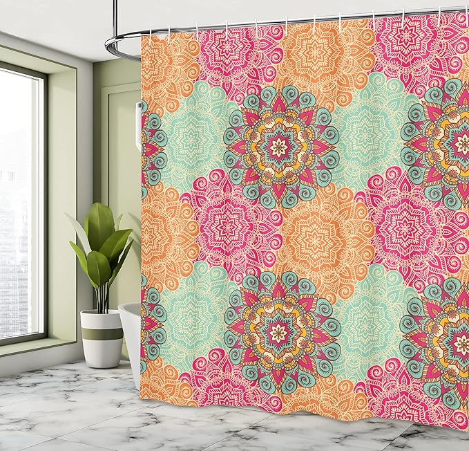 Ambesonne Mandala Shower Curtain, Antique Mandala Patterns Circles in Vintage Colors Native Tribal Ornamental, Cloth Fabric Bathroom Decor Set with Hooks, 84" Long Extra, Fuchsia Orange