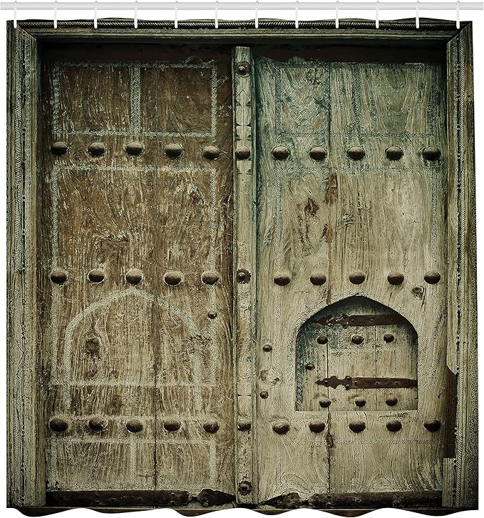 Ambesonne Rustic Shower Curtain, Doors Antique Historical Architecture Inspired Wooden Aged Oriental Design, Cloth Fabric Bathroom Decor Set with Hooks, 69" W x 70" L, Brown Green