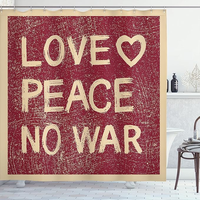 Ambesonne 1960s Shower Curtain, Love Peace Themed Text Pacifist Line Political Hippie Groovy Design, Cloth Fabric Bathroom Decor Set with Hooks, 69" W x 70" L, Redwood Pale Brown