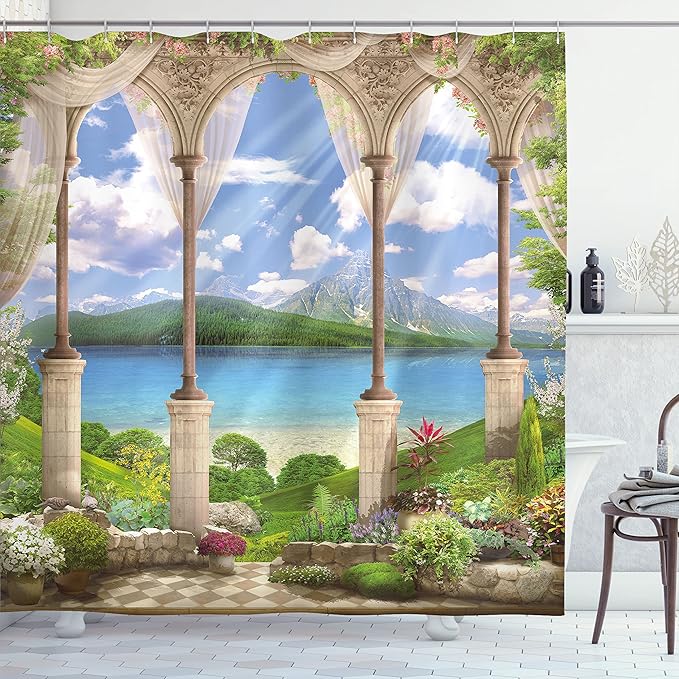 Ambesonne Italian Shower Curtain, Old Stone Arch View The Sea Balcony Fresco Garden Plants Art, Cloth Fabric Bathroom Decor Set with Hooks, 69" W x 70" L, Green