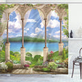 Ambesonne Italian Shower Curtain, Old Stone Arch View The Sea Balcony Fresco Garden Plants Art, Cloth Fabric Bathroom Decor Set with Hooks, 69" W x 70" L, Green