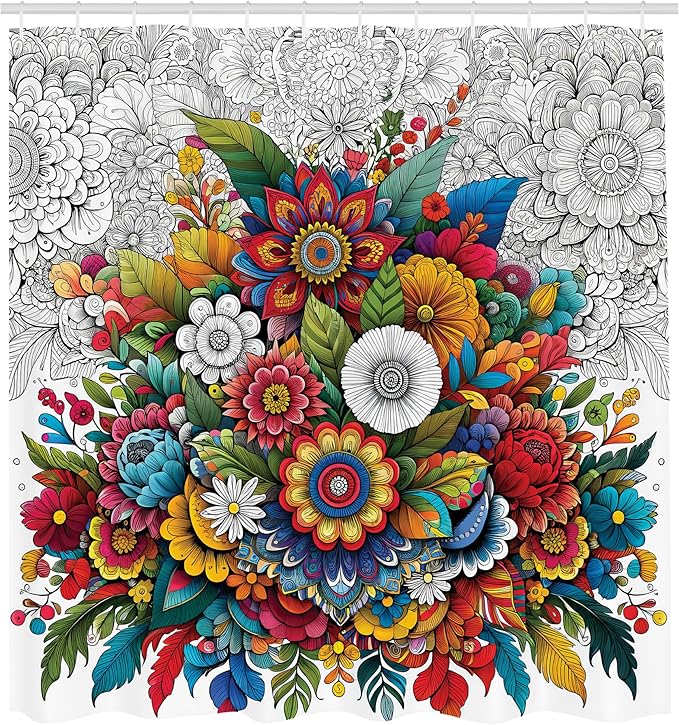 Ambesonne Modern Shower Curtain, Oriental Boho Design Psychedelic Aura Floral Jumble with Outline Details, Cloth Fabric Bathroom Decor Set with Hooks, 69" W x 84" L, White Grey Multicolor