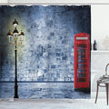 Ambesonne British Shower Curtain, Vintage Scene Brick Wall and British Phone Box in Dark Night Twilight, Cloth Fabric Bathroom Decor Set with Hooks, 69" W x 70" L, Violet Blue Vermilion