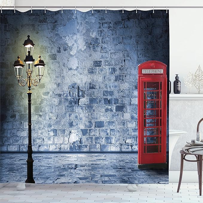 Ambesonne British Shower Curtain, Vintage Scene Brick Wall and British Phone Box in Dark Night Twilight, Cloth Fabric Bathroom Decor Set with Hooks, 69" W x 84" L, Violet Blue Vermilion