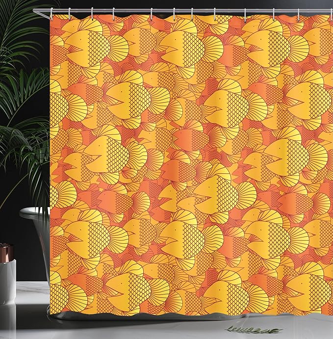 Ambesonne Burnt Orange Shower Curtain, Contemporary Tangerine Colored Illustration Group of Swimming Goldfish Random Retro Style, Cloth Fabric Bathroom Set with Hooks, 69" W x 75" L, Orange Yellow