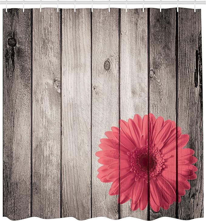 Ambesonne Rustic Shower Curtain, Flower Red Dahlia on Foreground of Murky Featured Dated Wooden Board Retro Art Print, Cloth Fabric Bathroom Decor Set with Hooks, 69" W x 70" L, Dark Coral