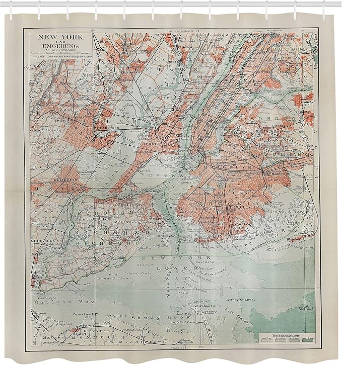 Ambesonne NYC Shower Curtain, New York Old Map from End of 19th Century History Historical Antiques, Cloth Fabric Bathroom Decor Set with Hooks, 69" W x 75" L, Turquoise Beige