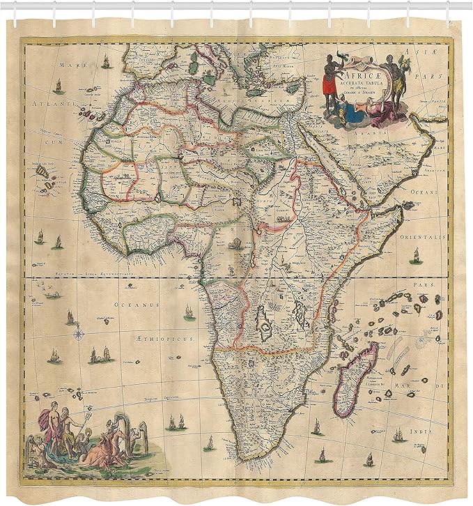 Ambesonne Antique Shower Curtain, Old Map of Africa Continent Historic Rustic Manuscript Geography, Cloth Fabric Bathroom Decor Set with Hooks, 69" W x 75" L, Brown Sand
