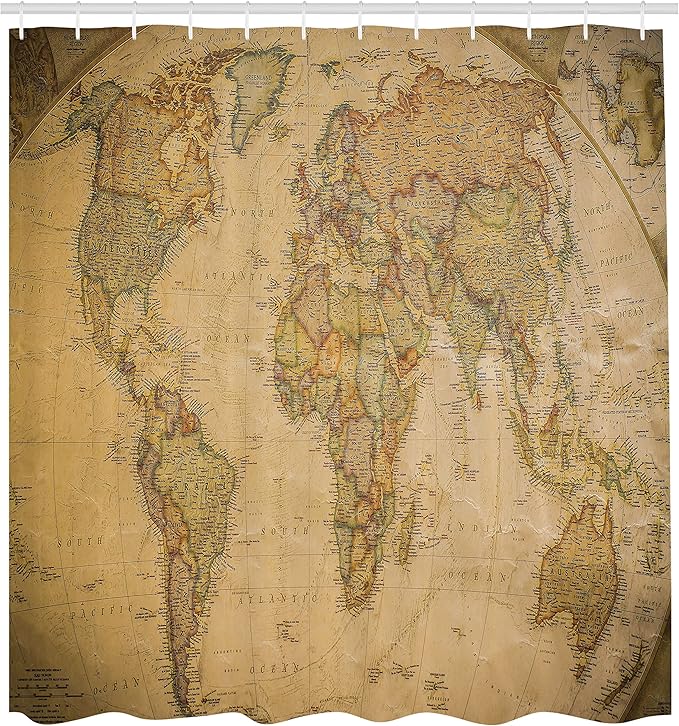 Ambesonne World Map Shower Curtain, Anthique Old World Map in Retro Colors Vintage Nostalgic Design Art Print, Cloth Fabric Bathroom Decor Set with Hooks, 69" W x 70" L, Coffee Cream