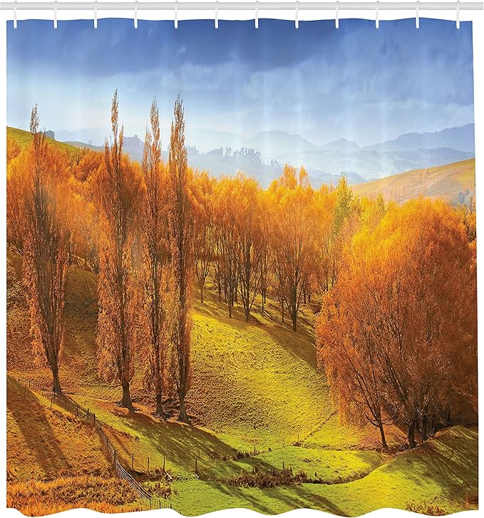 Ambesonne Autumn Shower Curtain, Sunrise in Autumn in New Zealand Leaves Forest Foliage Hillside View, Cloth Fabric Bathroom Decor Set with Hooks, 69" W X 70" L, Orange Apple Green Blue