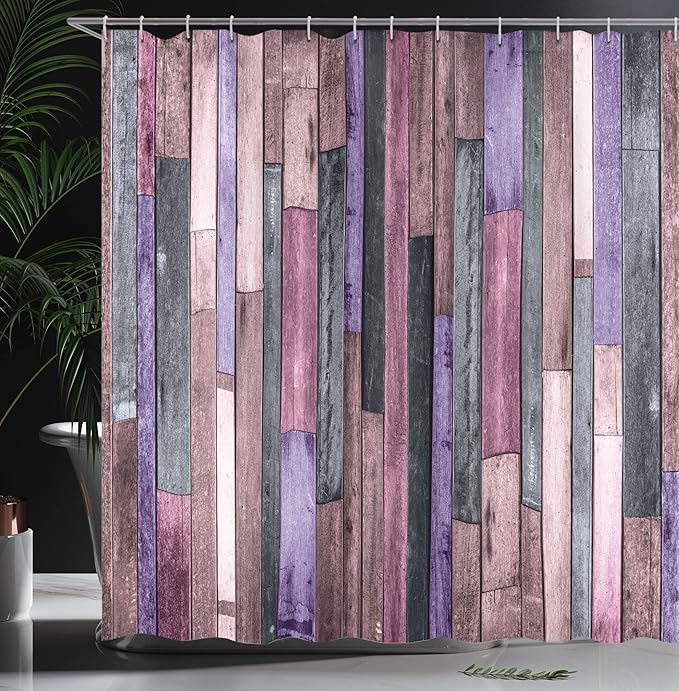 Ambesonne Wooden Print Shower Curtain, Brown Old Hardwood Floor Plank Grunge Lodge Garage Natural Rural Graphic, Cloth Fabric Bathroom Decor Set with Hooks, 69" W x 84" L, Blue Violet