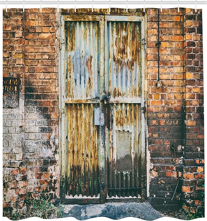 Ambesonne Rustic Shower Curtain, Dilapidated Door Gate Entrance to Old Brick Wall Abandoned Factory Urban Design Print, Cloth Fabric Bathroom Decor Set with Hooks, 69" W x 75" L, Grey Brown