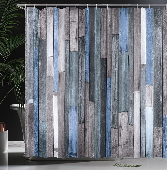 Ambesonne Wooden Print Shower Curtain, Brown Old Hardwood Floor Plank Grunge Lodge Garage Natural Rural Graphic, Cloth Fabric Bathroom Decor Set with Hooks, 69" W x 84" L, Azure Grey