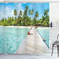 Ambesonne Tropical Shower Curtain, Maldives Island with Beach Wooden Deck Palms Exotic Holiday Picture, Cloth Fabric Bathroom Decor Set with Hooks, 69" W x 75" L, Fern Green