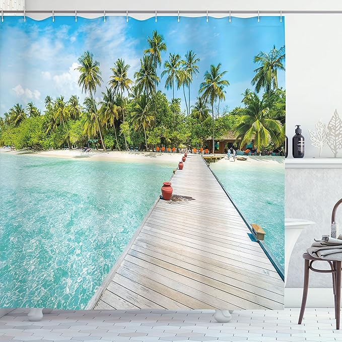 Ambesonne Tropical Shower Curtain, Maldives Island with Beach Wooden Deck Palms Exotic Holiday Picture, Cloth Fabric Bathroom Decor Set with Hooks, 69" W x 75" L, Fern Green