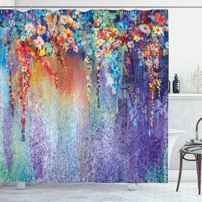 Ambesonne Flower Shower Curtain, Abstract Herbs Alternative Medicine Blossoms Ivy Back Florets Shrubs Design, Cloth Fabric Bathroom Decor Set with Hooks, 69" W x 70" L, Ceil Blue