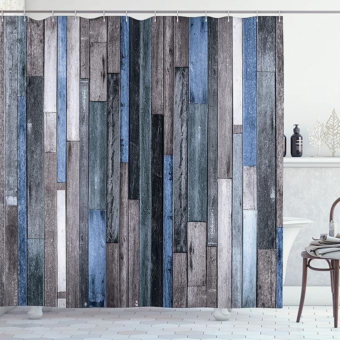 Ambesonne Wooden Print Shower Curtain, Brown Old Hardwood Floor Plank Grunge Lodge Garage Natural Rural Graphic, Cloth Fabric Bathroom Decor Set with Hooks, 69" W x 75" L, Azure Grey