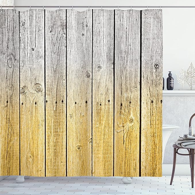 Ambesonne Rustic Shower Curtain, Wood Panels Background Digital Tones Effect Country House Art Image, Cloth Fabric Bathroom Decor Set with Hooks, 69" W x 84" L, Mustard Pearl