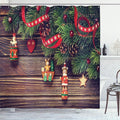 Ambesonne Christmas Shower Curtain, Cloth Fabric Bathroom Decor Set with Hooks, Old Ribbon Print, 69" W x 70" L, Green and Brown