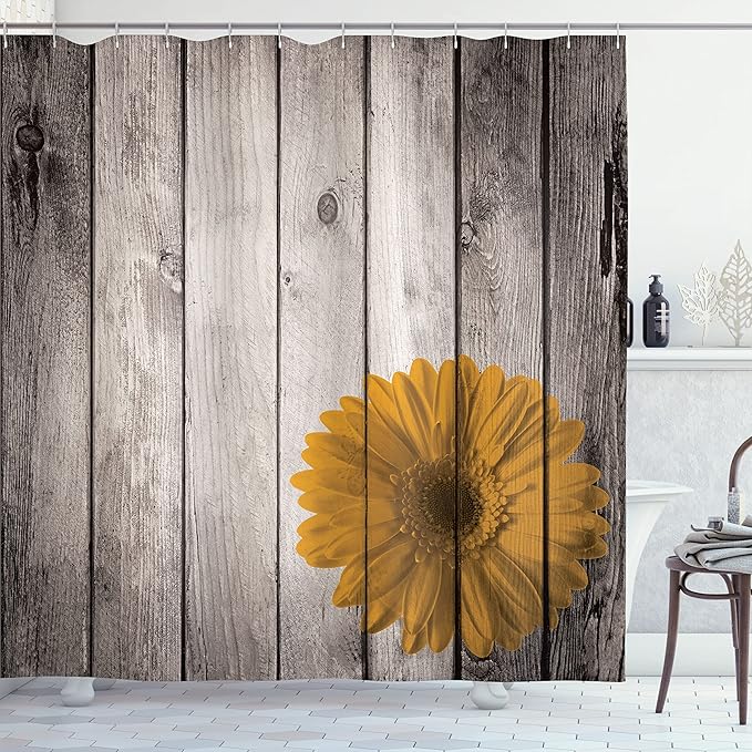 Ambesonne Rustic Shower Curtain, Flower Red Dahlia on Foreground of Murky Featured Dated Wooden Board Retro Art Print, Cloth Fabric Bathroom Decor Set with Hooks, 69" W x 75" L, Pale Sepia