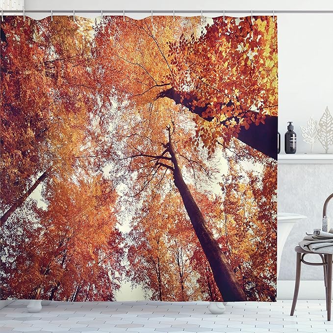 Ambesonne Forest Shower Curtain, Forest with Deciduous Trees Shedding Leaf Shady Toned Flora Scenery Photo Art, Cloth Fabric Bathroom Decor Set with Hooks, 69" W x 70" L, Orange