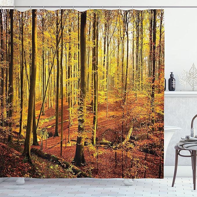 Ambesonne Forest Shower Curtain, Autumn in Brakelbos Theme Forest Fall Park Golden Yellow Sun Ray, Cloth Fabric Bathroom Decor Set with Hooks, 69" W x 75" L, Orange Yellow