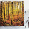 Ambesonne Forest Shower Curtain, Autumn in Brakelbos Theme Forest Fall Park Golden Yellow Sun Ray, Cloth Fabric Bathroom Decor Set with Hooks, 69" W x 84" L, Orange Yellow
