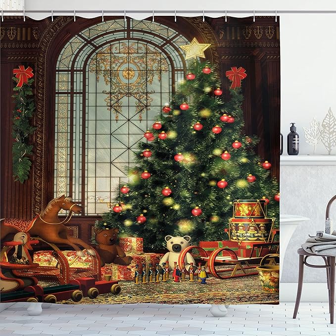Ambesonne Christmas Shower Curtain, Vintage Ambiance Big Old Fashioned Window Xmas Tree Various Presents, Cloth Fabric Bathroom Decor Set with Hooks, 69" W x 84" L, Brown Red Green