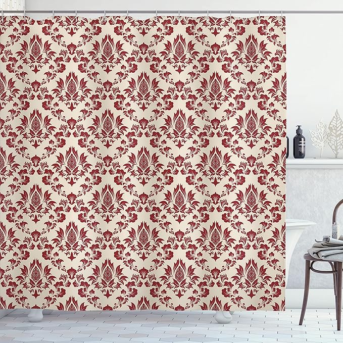 Ambesonne Damask Shower Curtain, Damask Illustration with Abstract Flower Blossoming Pattern Antique, Cloth Fabric Bathroom Decor Set with Hooks, 69" W x 70" L, Burgundy