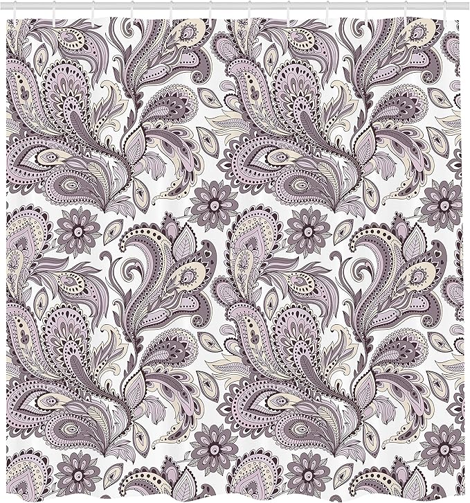 Ambesonne Paisley Shower Curtain, Ethnic Art Swirly Flowers Leaves Floral Pattern Bohemian Style Country Print, Cloth Fabric Bathroom Decor Set with Hooks, 69" W x 70" L, Mauve Taupe Ivory