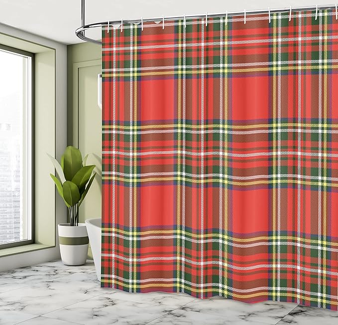 Ambesonne Plaid Shower Curtain, European Western Culture Inspired Abstract Irish Pattern Vintage Classical Design, Cloth Fabric Bathroom Decor Set with Hooks, 69" W x 75" L, Scarlet Grey