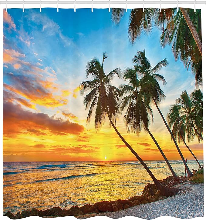 Ambesonne Ocean Shower Curtain, Sunset Over Sea The Palms on The Beach at a Caribbean Island in Barbados, Cloth Fabric Bathroom Decor Set with Hooks, 69" W x 84" L, Sunset Sea Blue