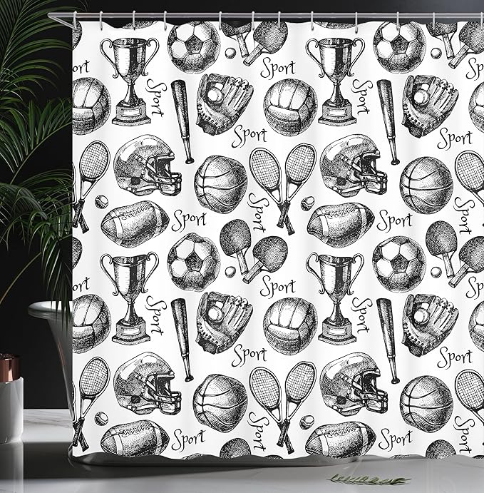 Ambesonne Sports Shower Curtain, Vintage Sketch Art Hobby Pattern of Balls Competition Themed Summer Ping Pong Schoolyard Print, Cloth Fabric Bathroom Decor Set with Hooks, 69" W x 84" L, Black White