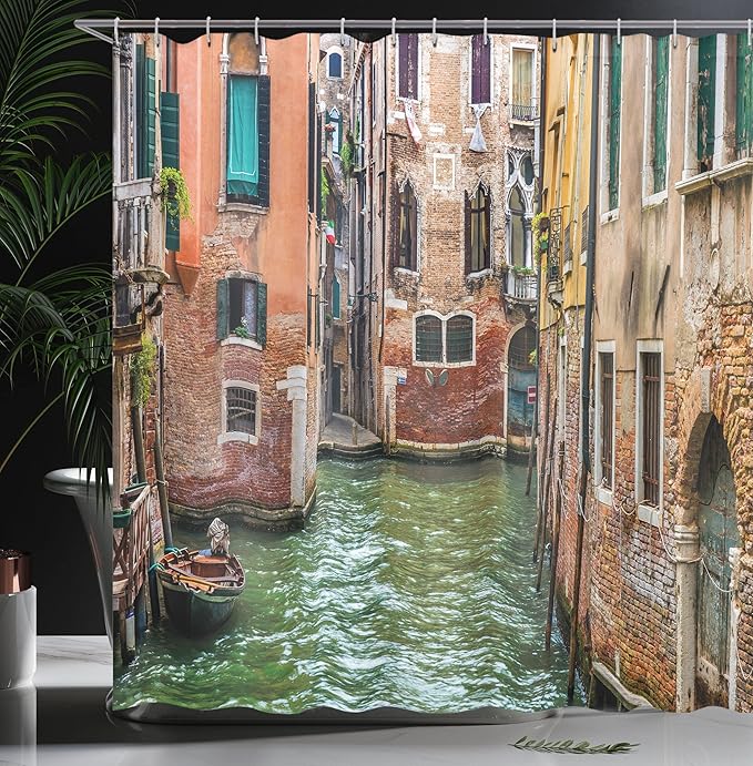 Ambesonne Venice Shower Curtain, Italian City on Water Historical Landmark Famous Streets Houses Gondolas Europe, Cloth Fabric Bathroom Decor Set with Hooks, 69" W x 75" L, Green Salmon