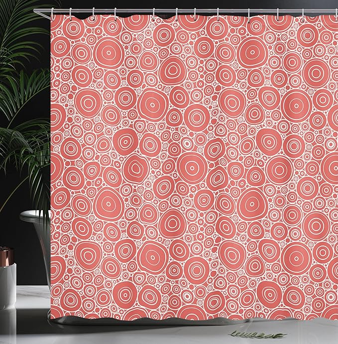 Ambesonne Geometric Shower Curtain, Different Sized Circles and Rounds Simple Style Graphic Print Shabby Home, Cloth Fabric Bathroom Decor Set with Hooks, 69" W x 70" L, Dark Salmon